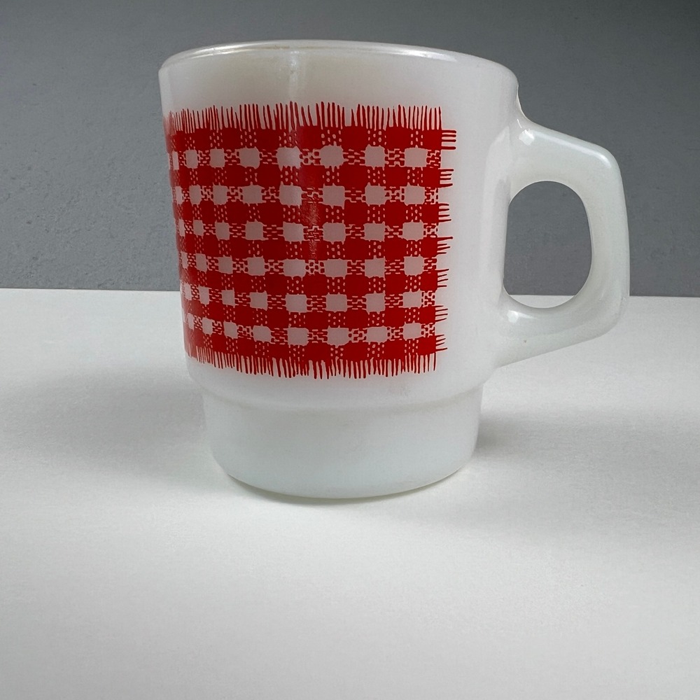 Vintage Anchor Hocking Fire King Stacking Mug 8oz Gingham Milk Glass MCM Cup